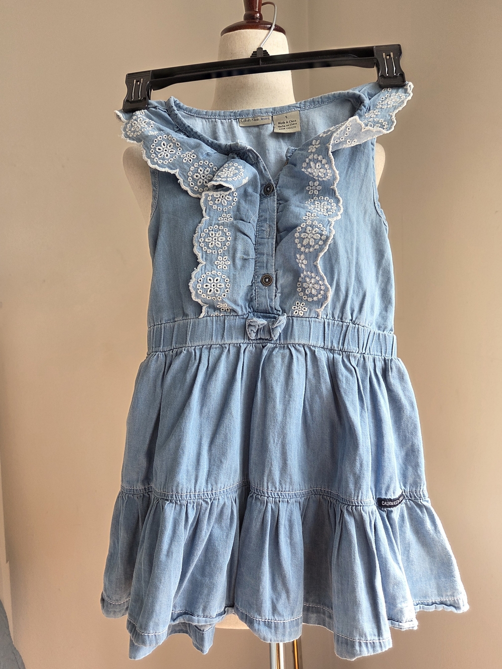 Calvin Klein Light Blue Chambray Eyelet Ruffle Dress